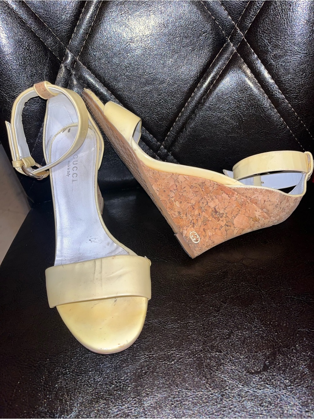 GUCCI Yellow Patent Leather Cork Wedge Sandals Womens Size 6.5 Authentic​